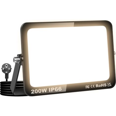 200W Projecteur Exterieur led, 20000LM Spot LED Extérieur avec Prise, 3000K Blanc chaud Eclairage Exterieur Etanche lumière de Sécurité pour Jardin, Patio, Cour, Garage, Entrée,Terrasse