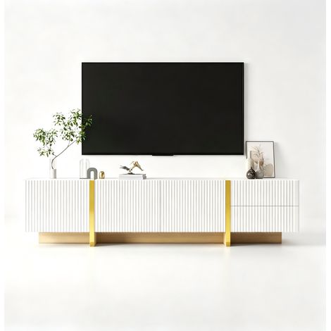 Meuble TV doré + blanc brillant,de 190 cm,2 tiroirs,en panneaux de particules,pour televiseur,190 x 35 x 45 cm (1/5)