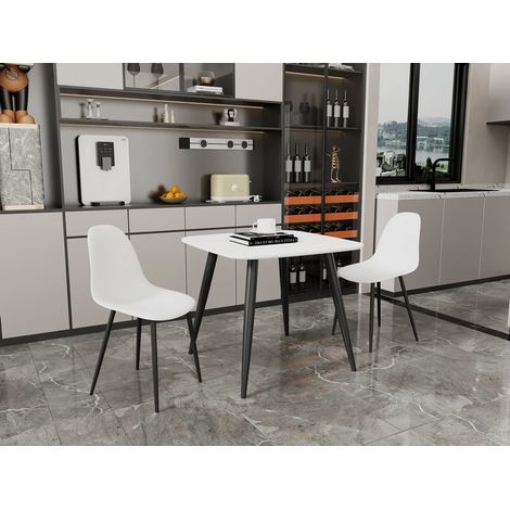 Aspen Tapered Legs Square Dining Table and 2 Curve Plastic Seat Chairs with Metal Legs - White/Black - Flat Packed