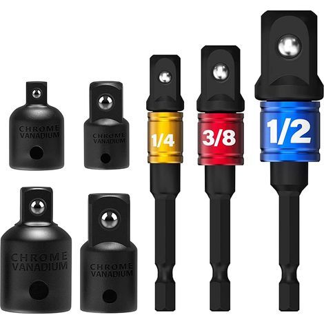 7pcs Adaptateur Douille 1/2 3/8 1/4 Forets Hexagonale Adaptateur Set Clé d'écrou Reducteur Socket Adaptor Converter Clés à Rochet Embouts (1/5)