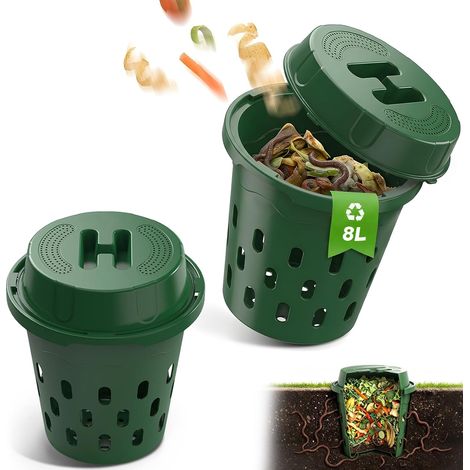2 Pièces 8L Souterrain Composteur de Jardin Petit avec Couvercle,24x23cm PVC Lombricomposteur avec Trous de Ventilation,Organique Composteur,pour Jardins,Massifs de Fleurs,Cours (1/5)