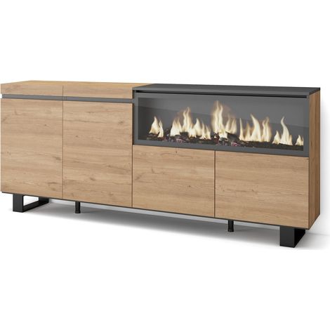 Buffet Salon et Cuisine Meuble de Rangement, Commode 210 4 Portes Cheminée électrique XXL Design Industriel Style Moderne Chêne (1/5)