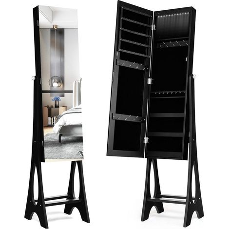 Armario joyero espejo de pie 2 en 1 espejo de cuerpo entero con 12 led 36 x 335 x 1545 cm negro