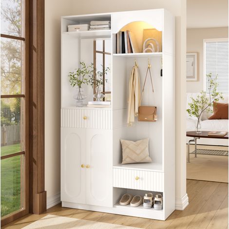 Guardaroba da ingresso 100x35x180 cm bianco in MDF con specchio, panca, ganci, ripiani regolabili e LED (1/5)