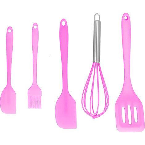 Lot de 5 spatules en silicone rose pour décoration de gâteaux, ustensiles de cuisine DIY, outils de pâtisserie maison.