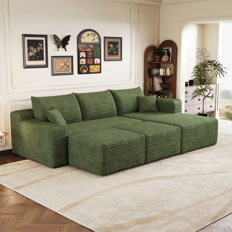 Divano angolare modulare 241 cm in tessuto a coste verde, design nuvola e senza montaggio