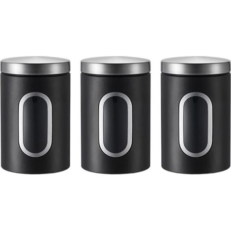 Ensemble de 3 boîtes de rangement noires pour la cuisine, contenants hermétiques avec fenêtre transparente, bocaux pour le café, organisateur pour le thé (1/4)