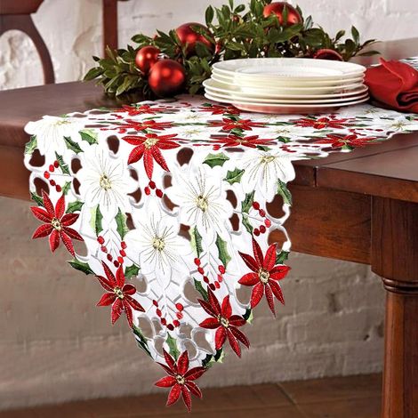 1 chemin de table brodé de Noël (38,1 x 177,8 cm) avec motif poinsettia et feuilles de houx, idéal pour la décoration de Noël (1/5)