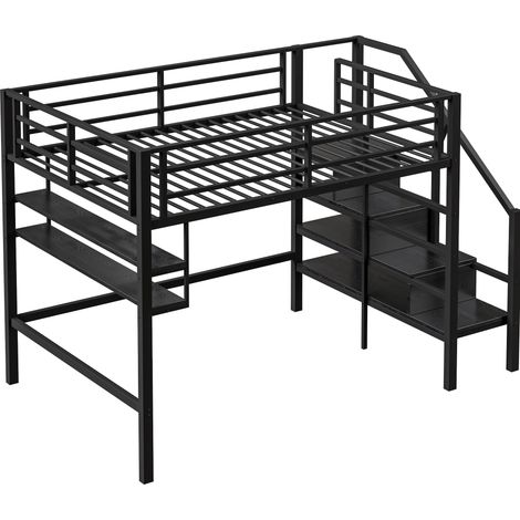 Lit superposé 140 x 200 cm en métal et MDF avec rangements et échelle de rangement noir (1/5)