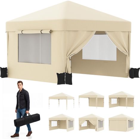 Tonnelle Pliante 3x3m avec Moustiquaire Aérée Anti-Insectes Robuste et Durable Imperméable et Anti-UV Installation et Rangement Rapides Idéale pour Cour, Balcon, Camping Beige (1/5)