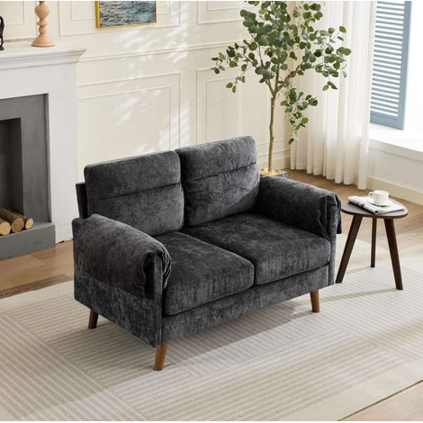 2-Sitzer Sofa mit Holzoptik-Füßen, Kissen, Chenille-Bezug, schwarz (1/5)