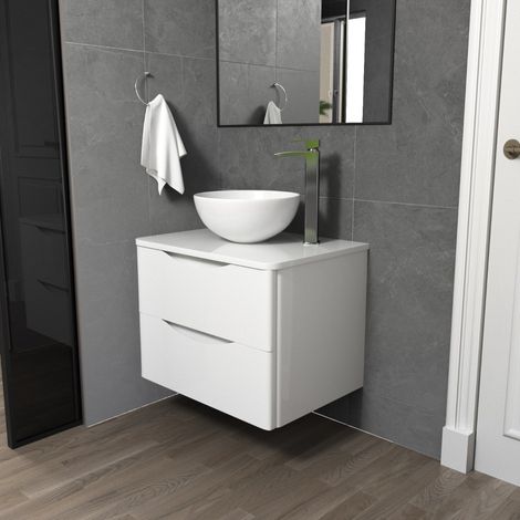 Merton White 600mm Bathroom Wall Hung Vanity Unit With Round Ceramic Countertop 320mm Basin (1/5)