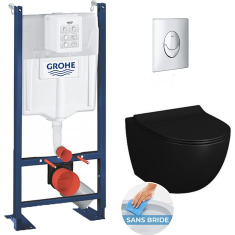 Grohe Pack WC Bâti-autoportant Rapid SL + WC sans bride Vitra Sento noir mat + Abattant softclose + Plaque chrome (1/5)