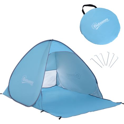 Tienda de playa plegable, automática y de despliegue instantáneo, con protección UV, ventana trasera y una gran lona de suelo azul cielo.