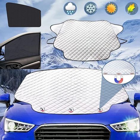 Couverture de pare-brise de voiture, protection solaire pour voiture, rideau de voiture, fixation magnétique, pliable, bâche contre la neige, le gel, la glace, le soleil (183 x 116 cm) (1/5)
