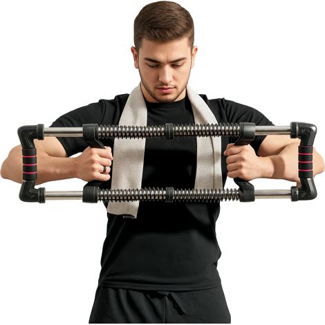Extenseur pectoral noir 10-50 kg réglable, 80x22x5 cm, avec bras pour renforcement musculaire, équipement sport maison design pratique
