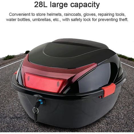 Boîte arrière de moto 28l, coffre arrière de grande capacité, mallette de rangement de bagages, étanche avec 2 clés, boutons-pression latéraux (1/5)