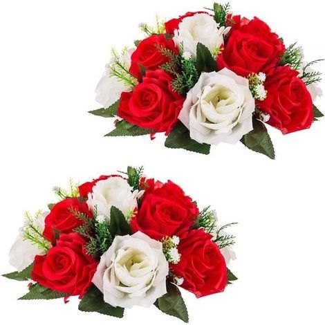 Bouquet de fleurs artificielles - 2 pièces - Soie rouge et blanche - Décoration élégante (1/4)