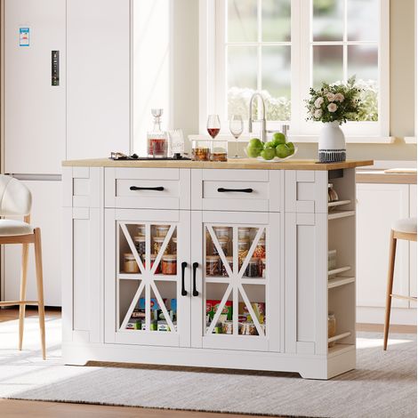 Isola da cucina pieghevole 120 cm con presa, USB, ante in vetro e ruote HAVRYA (1/5)