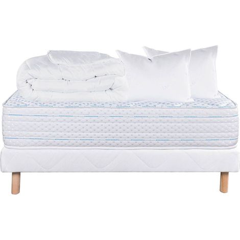 THELIO - Pack Matelas + Sommier Tapissier Blanc 140x190 cm + 2 Oreillers + 1 Couette (1/5)