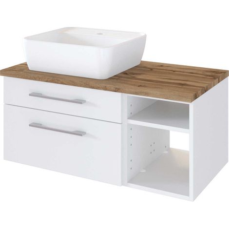 Waschtisch-Unterschrank 90 cm mit Siphonausschnitt Links inkl. Keramik Aufsatzwaschbecken & Regal TAREE-03 in matt weiß (1/5)
