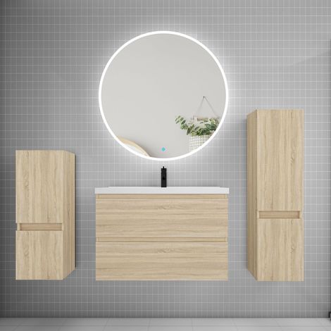 Ensemble meuble vasque L.79cm 2 tiroirs + lavabo + LED miroir rond 90cm + 2colonne,chêne