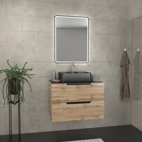 Mobile bagno 80 cm 2 cassetti - Rovere e nero - Lavabo rettangolare - Specchio Black LED - OMEGA
