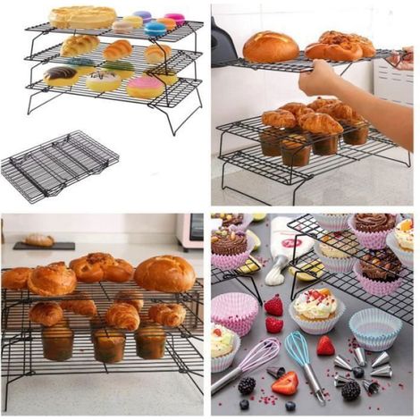 Grille Refroidissement - 3 Étages - Acier Carbone - Antiadhésif - Pour Gâteaux Pain Biscuits - 40 x 25 x 7,5 cm/Étage - 1 Pièce (1/4)