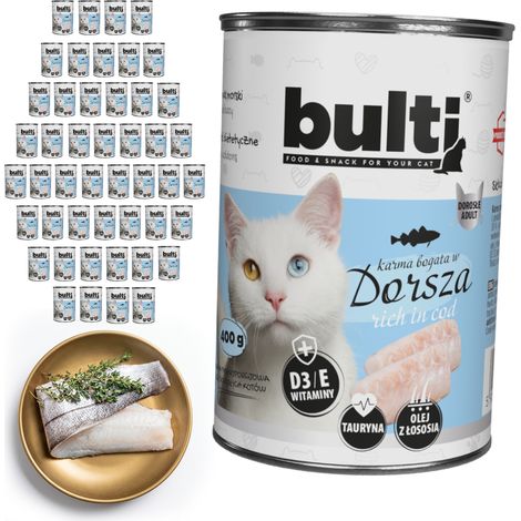 Alimento húmedo para gatos BULTI sabor bacalao, lata de 48 x 400 g. Completo. (1/2)