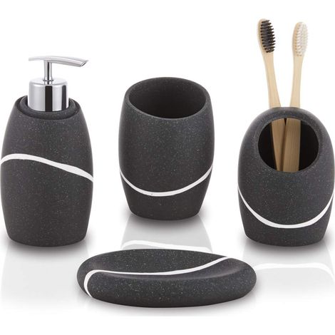 Ensemble d'accessoires de Salle de Bain 4 pièces avec Distributeur de Savon, Support de Brosse à Dents, gobelet de Salle de Bain et Porte-Savon, Granit Noir (1/5)