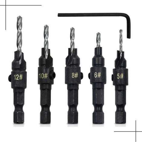 5 Brocas Cónicas Ajustables 3-en-1 - con Vástago Hexagonal de Liberación Rápida - para Trabajar la Madera - Compatible 5/6/8/10/12 mm - Incluye Llave Hexagonal