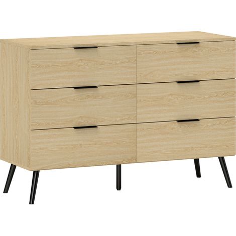 Commode en bois 6 tiroirs chêne 110x40x75 cm pour chambre et entrée