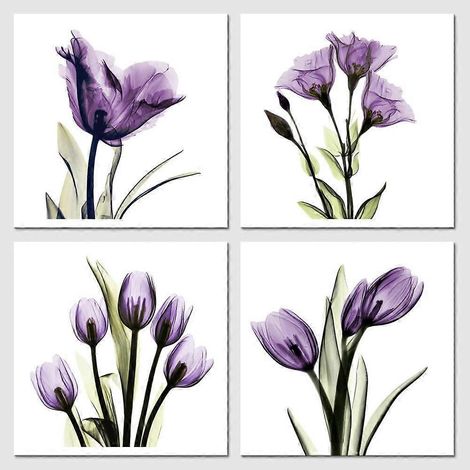 Élégantes toiles imprimées représentant des fleurs violettes scintillantes - Décoration murale - Tableau floral gracieux pour salon, chambre, bureau et maison - 4 pièces
