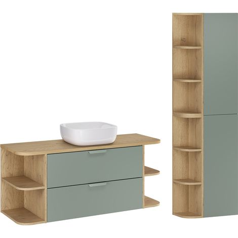Mueble de lavabo de 120cm con nichos redondeados y columna Oria Verde mate