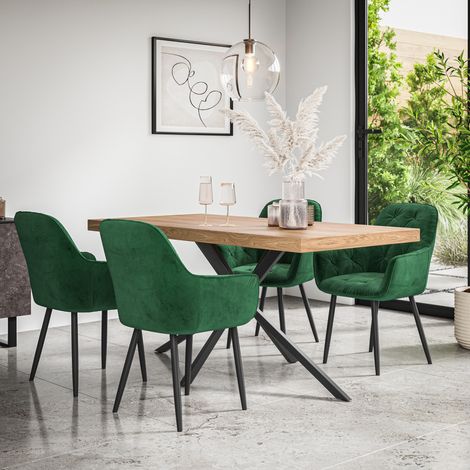 Donni Dining Table And Chairs - Oak Effect Table Top w Black Legs + Anika Velvet Dining Chair Set Of 6 (Green) (1/5)