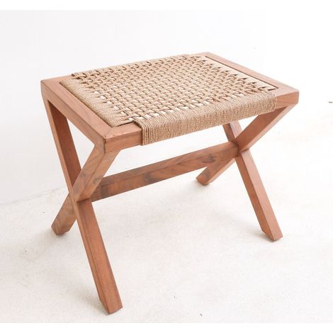 Grand tabouret en bois de Trembesi et assise en papier recyclé tressé coloris beige - PANGIVO (1/5)