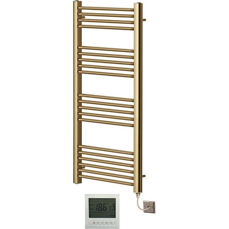 York Flat Brushed Brass Electric Towel Rail 400mm Wide x 1200mm High + 7 Day Timer/Thermostat