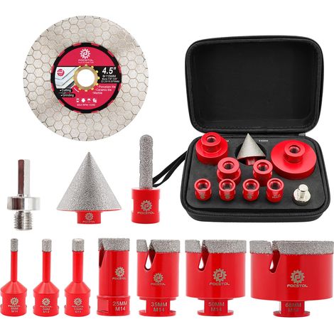Foret Diamant Carrelage Kit - 11 pièces (6/6/8/25/35/50/68mm+10mm Fraise+50mm Mèches Chanfrein Biseautées+Adaptateur+115mm Disque) Scie Cloche Diamantée pour Porcelaine Carrelage Marbre Granit (1/5)