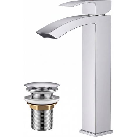 Robinet Salle de Bain avec Bonde de Vidage, Mitigeur Lavabo Cascade Monocommande, Eau Chaude et Froide, Hauteur de Bec 225 mm, Design Bec à Grille et Économiseur d’Eau, Chromé