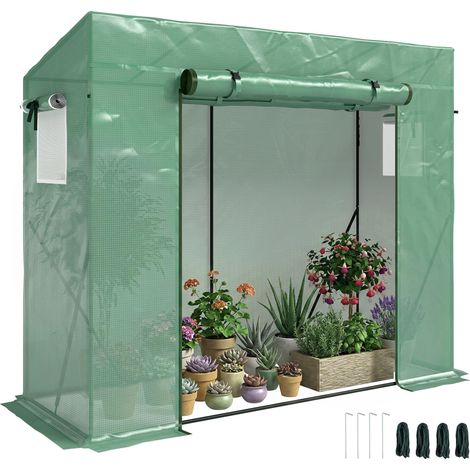 Serre de Jardin Anti-UV 2 fenêtres moustiquaires + Barres renforcement 200L x 77l x 169H cm Acier PE vert