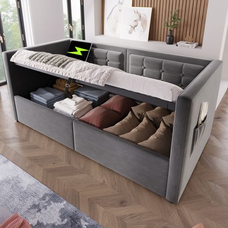 Letto contenitore bambino 90x190 cm con porta USB e rete a doghe in legno, grigio, senza materasso (1/5)