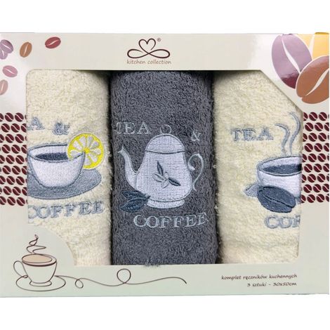 Juego de paños de cocina "Kuchcik" con estampado de café y té, 30x50 cm, gris c, crudo