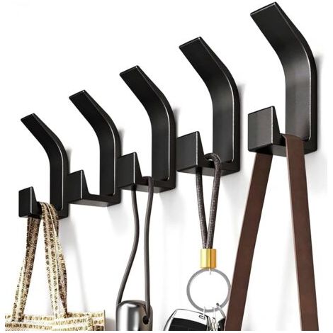 royaluxe-Crochets lot de 5 – 2,8x2x7,6cm, porte-manteaux mural adhésif, sans perçage, réglables en hauteur, fixation derrière porte d’entrée, suspend manteaux écharpes sacs à main, noir (1/5)