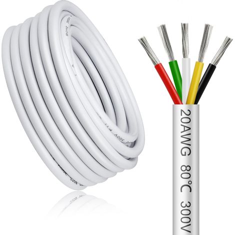 Câble électrique 10 mètres 20 AWG 5x0,5mm² à 5 conducteurs, blanc fil de cuivre étamé flexible, impédance faible, compatible alimentation LED 5V / 12V / 24V, résistance aux hautes températures (1/5)