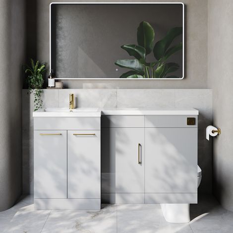 Napoli 390 Gloss Grey Pearl 1500mm 3 Door Vanity Unit Toilet Suite with Left Hand Square Lucia Basin - 1500mm - Brushed Brass 160mm HandleWithout Kingston Toilet Pan