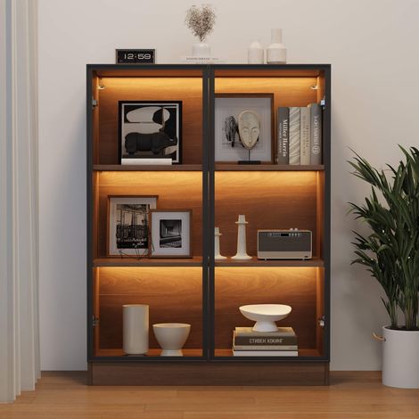 Vitrine verre éclairée naturelle 80x32x106 cm, 3 étagères, portes alu, lumière intégrée – rangement trophées bijoux déco