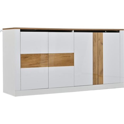 Credenza LED 140x35x70 cm in MDF bianco lucido e rovere con 4 ante e ripiani regolabili (1/5)
