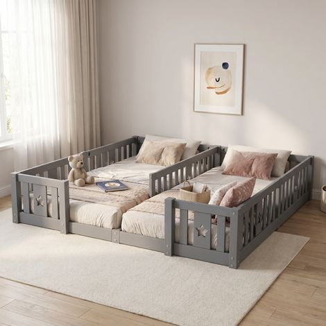 Lit simple 90x200 cm(x2), lit enfant, lit au Sol Montessori avec Barrières et sommier, Motif Étoile, Bois, Gris (1/5)