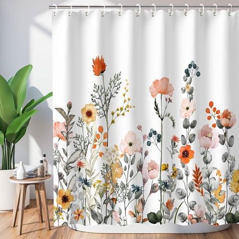 Rideau de douche fleuri, 180 x 200 cm, avec crochets - Motif botanique aquarelle - Lavable, décore la salle de bain - Motif fleurs sauvages (1/2)