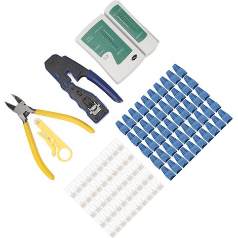Testeur de câbles réseau/téléphoniques, pince à sertir RJ45, kit de sertissage modulaire CAT6 droit (50 pièces), connecteur CAT6 droit (50 pièces), mini-pince à dénuder pour câbles RJ45 gainés, pince  (1/5)